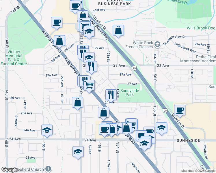 map of restaurants, bars, coffee shops, grocery stores, and more near 2689 Parkway Drive in Surrey