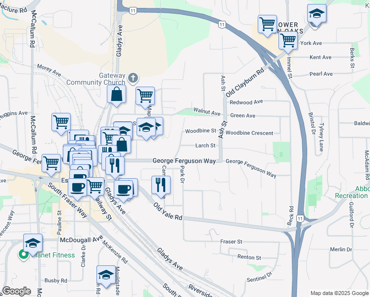 map of restaurants, bars, coffee shops, grocery stores, and more near 34076 Larch Street in Abbotsford