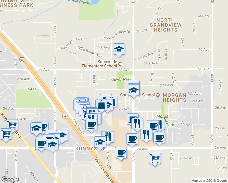 map of restaurants, bars, coffee shops, grocery stores, and more near 15955 27 Avenue in Surrey