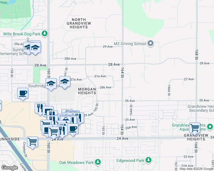 map of restaurants, bars, coffee shops, grocery stores, and more near 16285 26B Avenue in Surrey
