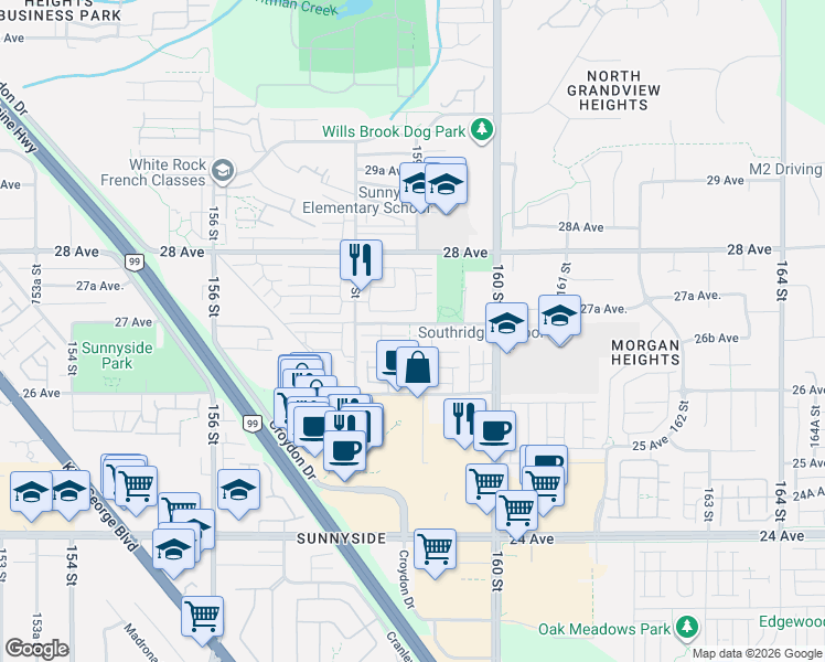 map of restaurants, bars, coffee shops, grocery stores, and more near 15898 27 Avenue in Surrey