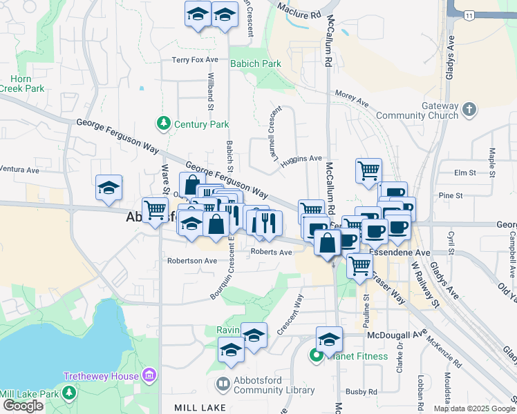 map of restaurants, bars, coffee shops, grocery stores, and more near 33407 Tessaro Crescent in Abbotsford