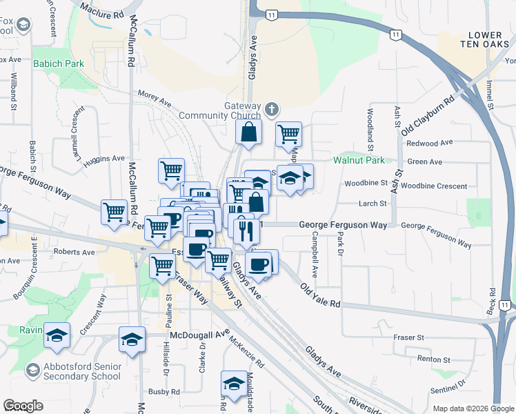 map of restaurants, bars, coffee shops, grocery stores, and more near 33886 Pine Street in Abbotsford
