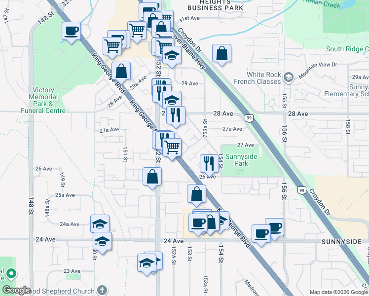 map of restaurants, bars, coffee shops, grocery stores, and more near 2678 King George Boulevard in Surrey