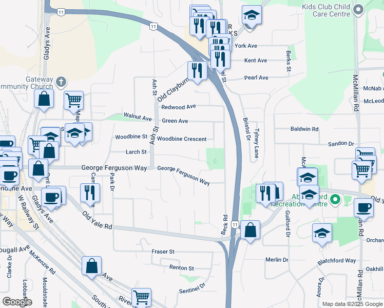 map of restaurants, bars, coffee shops, grocery stores, and more near 34305 Larch Street in Abbotsford