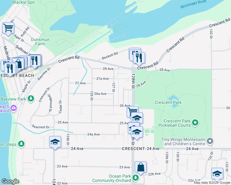 map of restaurants, bars, coffee shops, grocery stores, and more near 2660 127 Street in Surrey