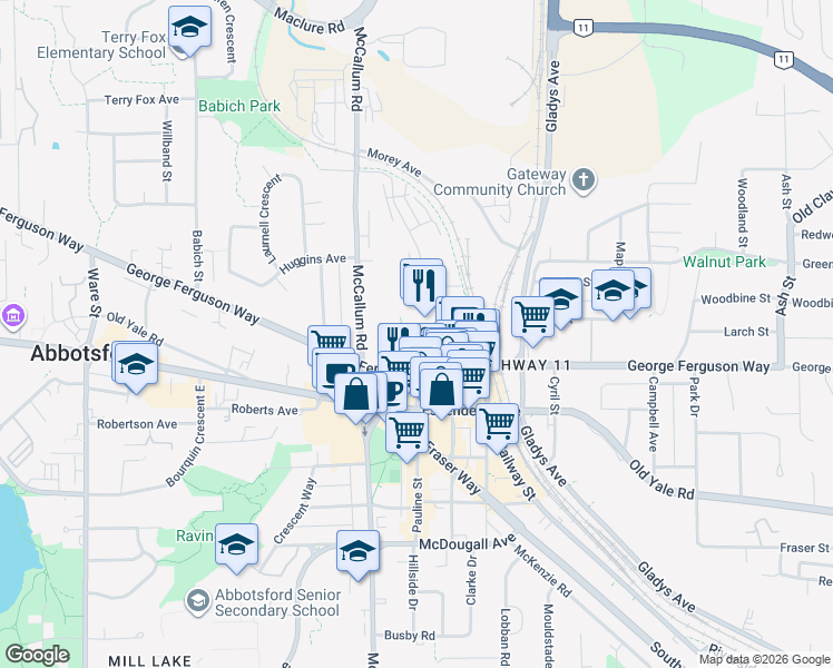 map of restaurants, bars, coffee shops, grocery stores, and more near 2703 Trinity Street in Abbotsford