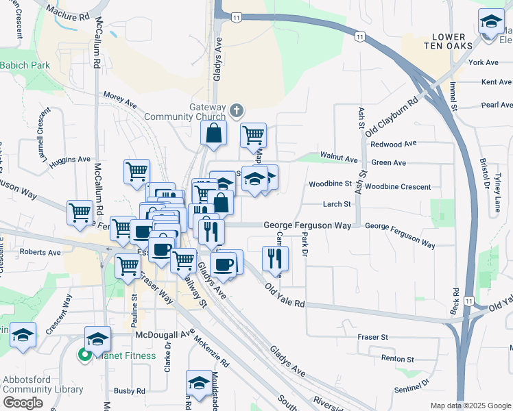 map of restaurants, bars, coffee shops, grocery stores, and more near 38866 Pine Street in Abbotsford