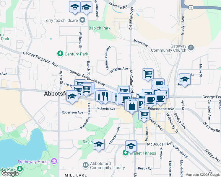 map of restaurants, bars, coffee shops, grocery stores, and more near 33464 George Ferguson Way in Abbotsford