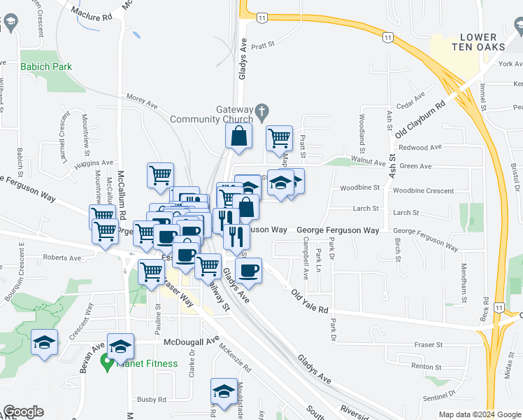 map of restaurants, bars, coffee shops, grocery stores, and more near 33898 Pine Street in Abbotsford