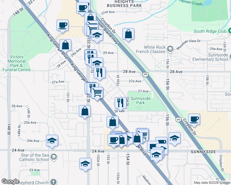 map of restaurants, bars, coffee shops, grocery stores, and more near 2689 Parkway Drive in Surrey