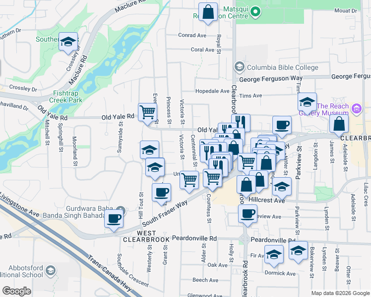 map of restaurants, bars, coffee shops, grocery stores, and more near 2690 Victoria Street in Abbotsford