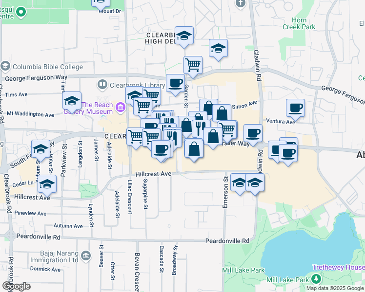 map of restaurants, bars, coffee shops, grocery stores, and more near 3562 South Fraser Way in Abbotsford