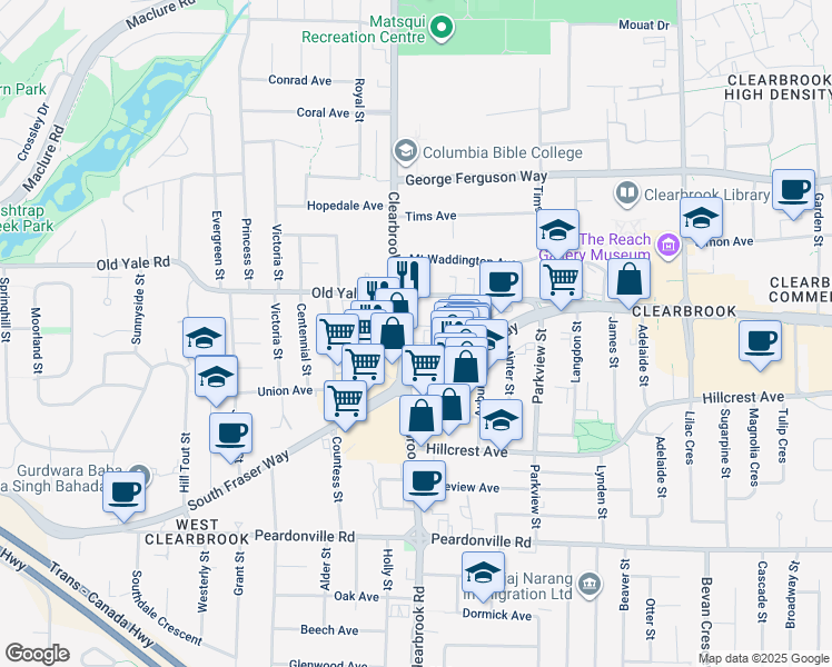 map of restaurants, bars, coffee shops, grocery stores, and more near in Abbotsford