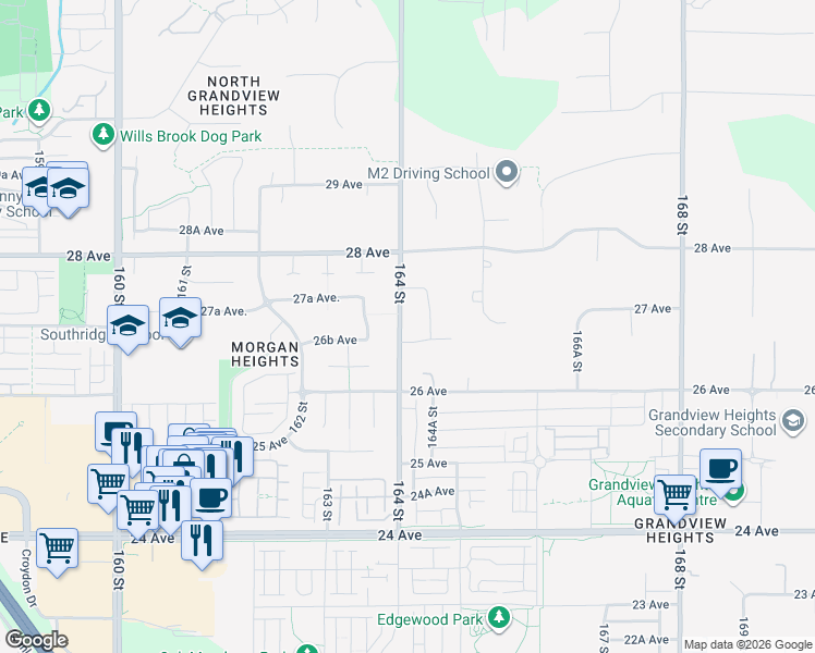 map of restaurants, bars, coffee shops, grocery stores, and more near 2696 164 Street in Surrey