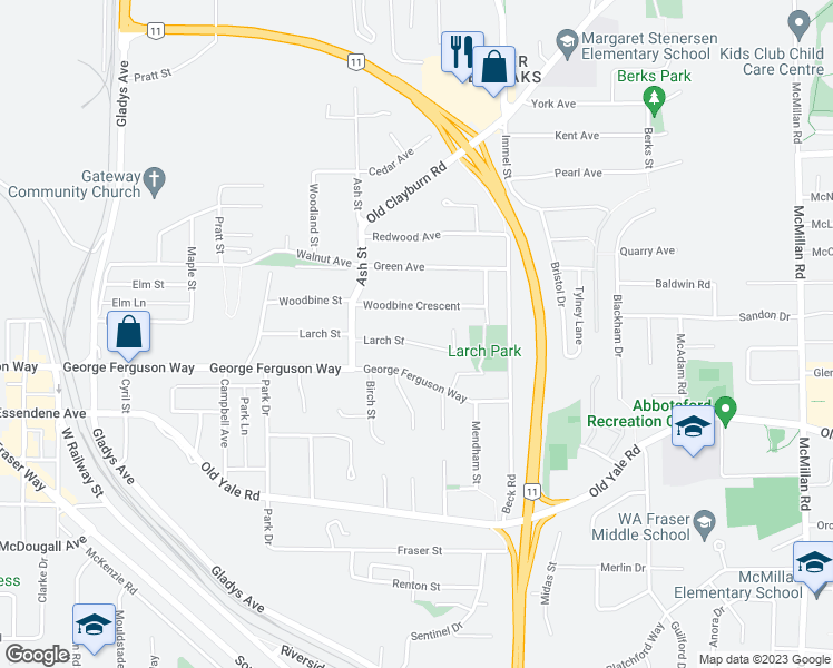 map of restaurants, bars, coffee shops, grocery stores, and more near 34265 Larch Street in Abbotsford