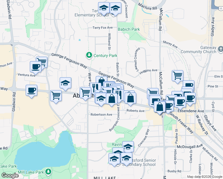 map of restaurants, bars, coffee shops, grocery stores, and more near 33331 Old Yale Road in Abbotsford