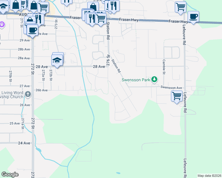 map of restaurants, bars, coffee shops, grocery stores, and more near 2693 Caboose Place in Abbotsford