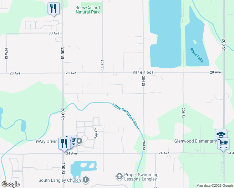 map of restaurants, bars, coffee shops, grocery stores, and more near 20287 27 Avenue in Langley