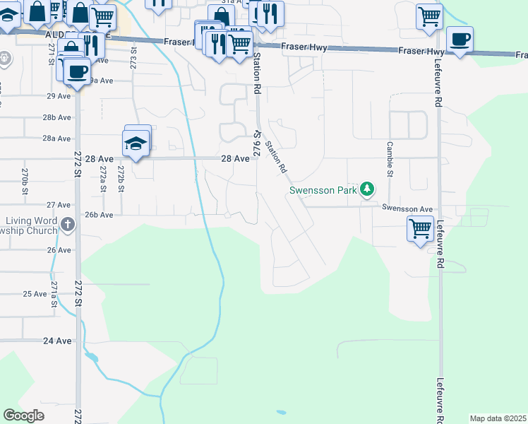 map of restaurants, bars, coffee shops, grocery stores, and more near 2693 Caboose Place in Abbotsford