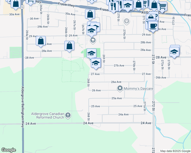map of restaurants, bars, coffee shops, grocery stores, and more near 26842 27 Avenue in Langley Township