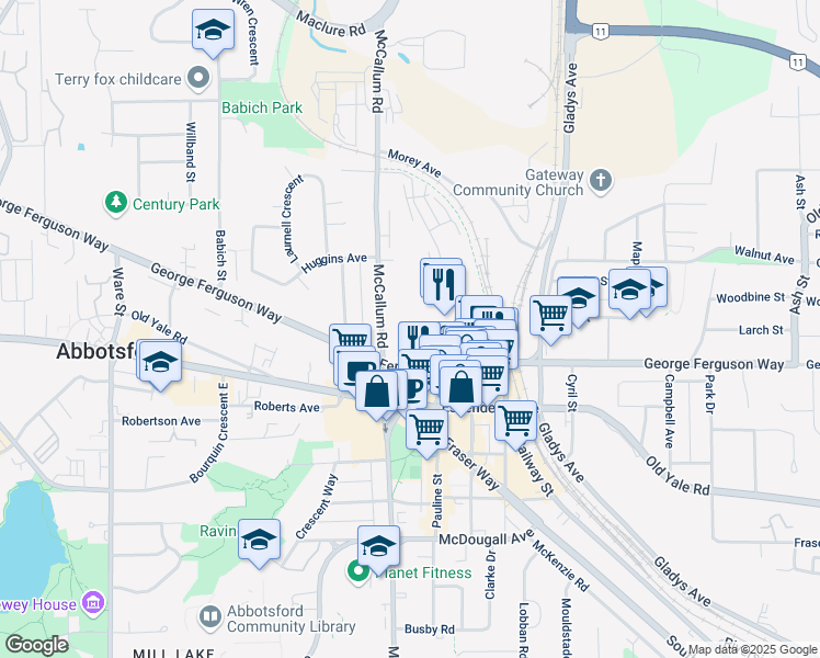 map of restaurants, bars, coffee shops, grocery stores, and more near 2700 McCallum Road in Abbotsford