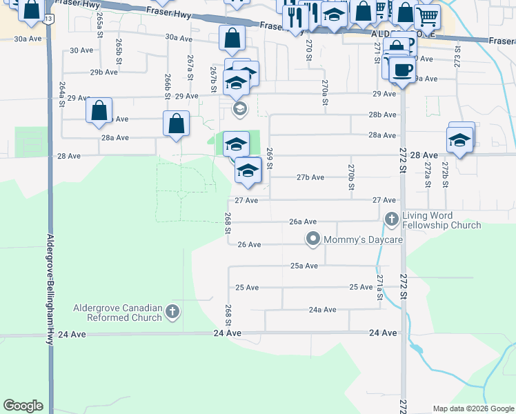 map of restaurants, bars, coffee shops, grocery stores, and more near 26864 27 Avenue in Langley Township