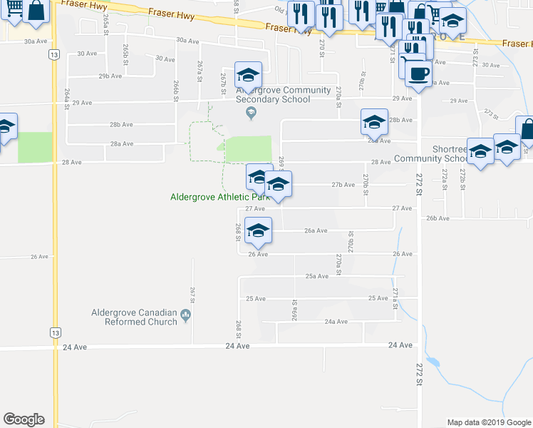 map of restaurants, bars, coffee shops, grocery stores, and more near 26864 27 Avenue in Langley Township