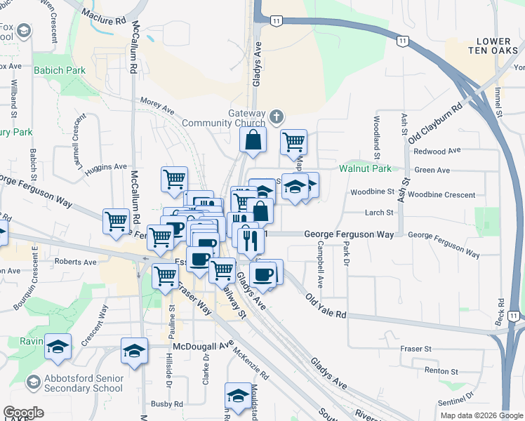 map of restaurants, bars, coffee shops, grocery stores, and more near 33887 Pine Street in Abbotsford