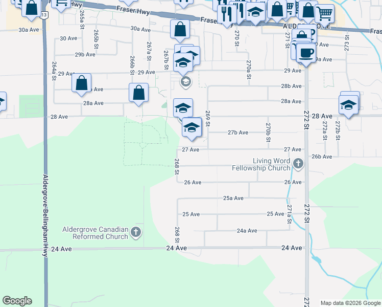 map of restaurants, bars, coffee shops, grocery stores, and more near 26842 27 Avenue in Langley Township