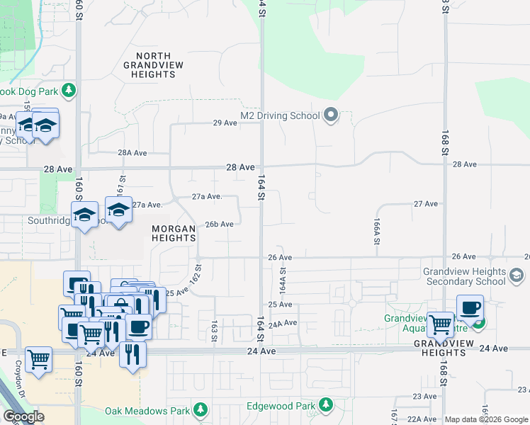 map of restaurants, bars, coffee shops, grocery stores, and more near 2720 164 Street in Surrey