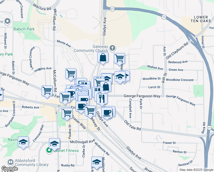 map of restaurants, bars, coffee shops, grocery stores, and more near 33887 Pine Street in Abbotsford
