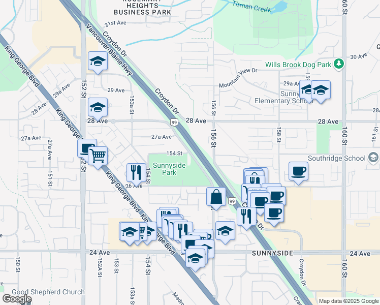 map of restaurants, bars, coffee shops, grocery stores, and more near 3558 Cranley Drive in Surrey