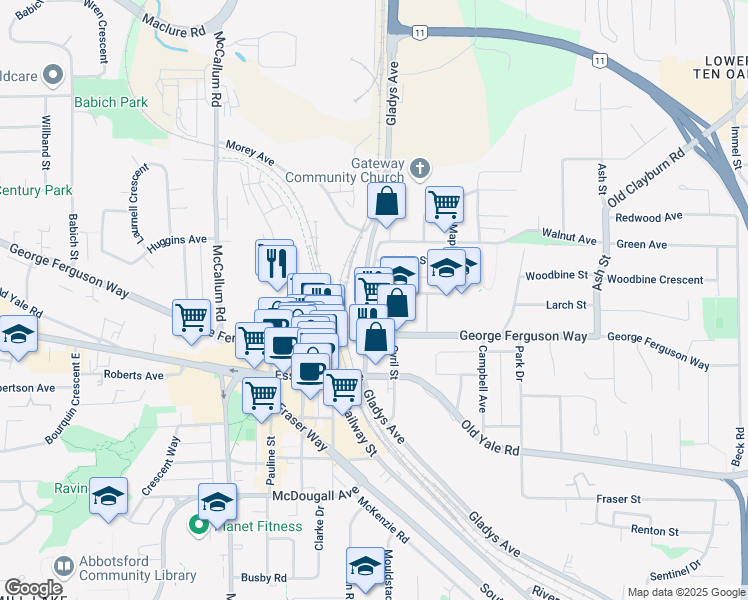 map of restaurants, bars, coffee shops, grocery stores, and more near 33863 Pine Street in Abbotsford