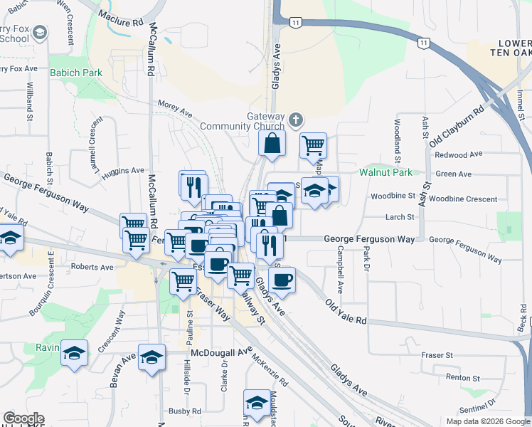 map of restaurants, bars, coffee shops, grocery stores, and more near 33860 Pine Street in Abbotsford