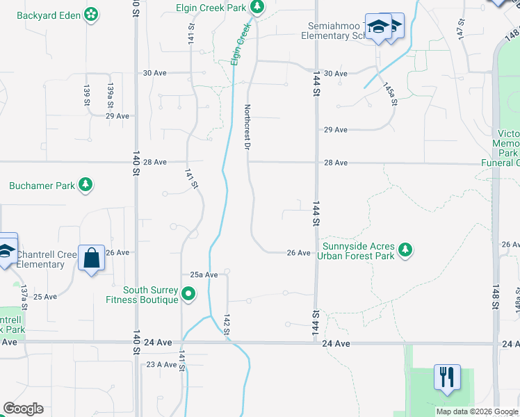 map of restaurants, bars, coffee shops, grocery stores, and more near 2682 Northcrest Drive in Surrey