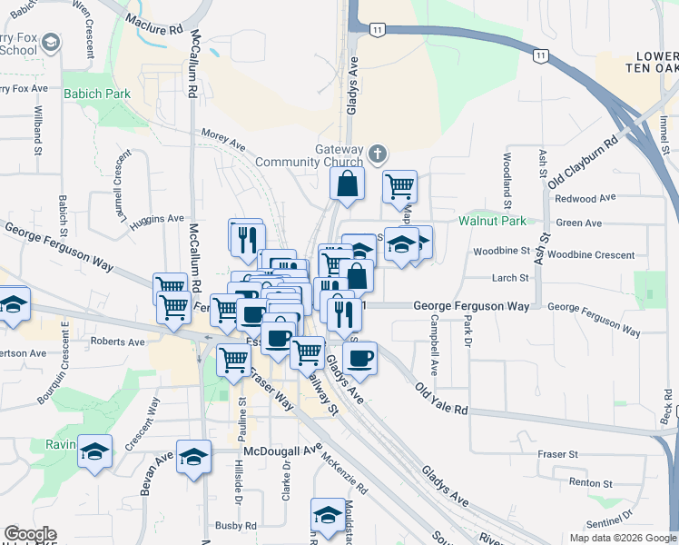 map of restaurants, bars, coffee shops, grocery stores, and more near 33860 Pine Street in Abbotsford