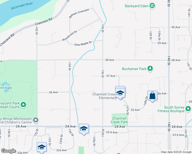 map of restaurants, bars, coffee shops, grocery stores, and more near 13560 27 Avenue in Surrey