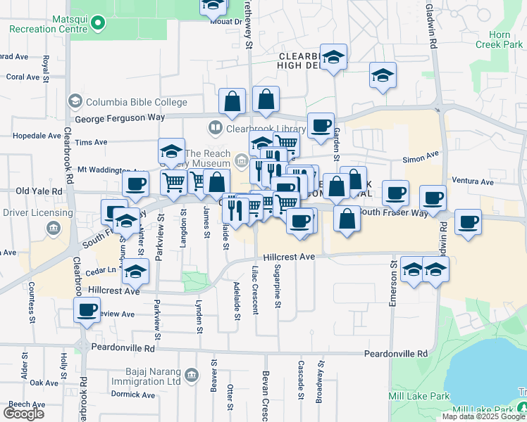 map of restaurants, bars, coffee shops, grocery stores, and more near 32412 South Fraser Way in Abbotsford
