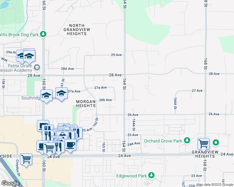 map of restaurants, bars, coffee shops, grocery stores, and more near 2712 163A Street in Surrey