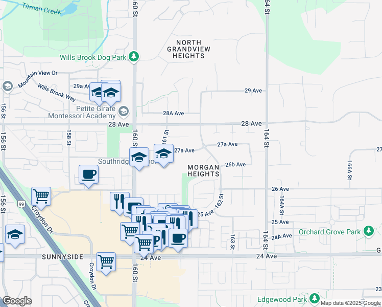 map of restaurants, bars, coffee shops, grocery stores, and more near 16156 27A Avenue in Surrey