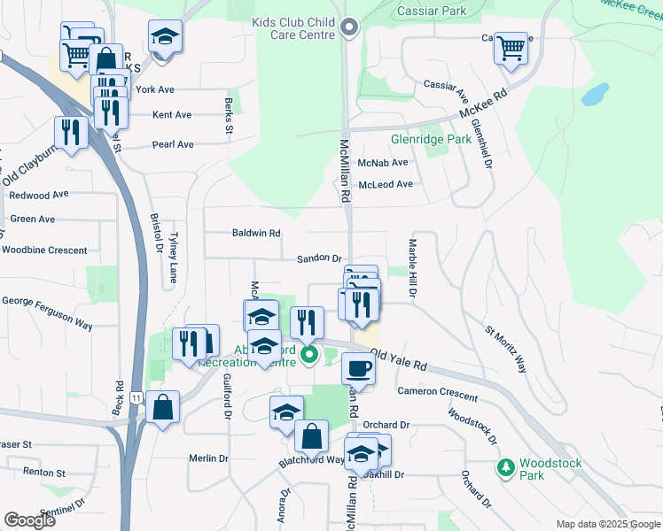 map of restaurants, bars, coffee shops, grocery stores, and more near 2742 Sandon Drive in Abbotsford