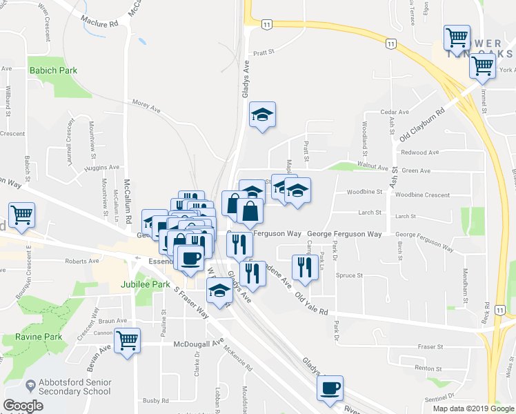 map of restaurants, bars, coffee shops, grocery stores, and more near 33887 Pine Street in Abbotsford