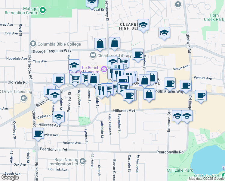 map of restaurants, bars, coffee shops, grocery stores, and more near 32412 South Fraser Way in Abbotsford