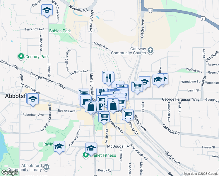map of restaurants, bars, coffee shops, grocery stores, and more near 2703 Trinity Street in Abbotsford