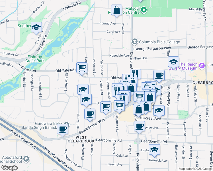 map of restaurants, bars, coffee shops, grocery stores, and more near 2711 Centennial Street in Abbotsford