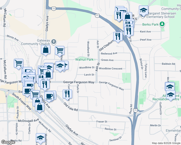 map of restaurants, bars, coffee shops, grocery stores, and more near 34145 Larch Street in Abbotsford