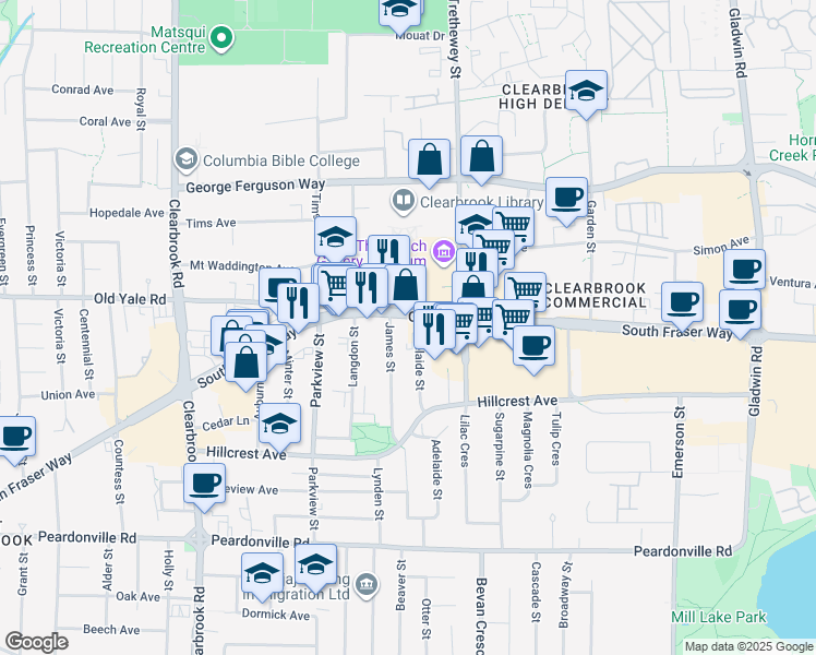 map of restaurants, bars, coffee shops, grocery stores, and more near 32330 South Fraser Way in Abbotsford