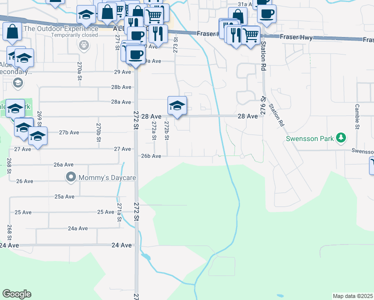 map of restaurants, bars, coffee shops, grocery stores, and more near 2697 273A Street in Langley Township