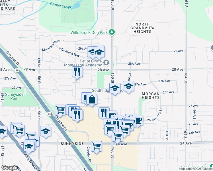 map of restaurants, bars, coffee shops, grocery stores, and more near 15955 27 Avenue in Surrey